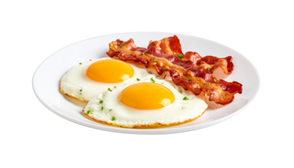 Two fried eggs with crispy bacon strips on white plate