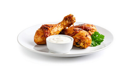 Grilled chicken drumsticks served on a white plate with dipping sauce