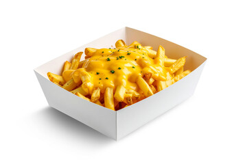 French fries with melted cheddar cheese sauce served in a white cardboard container