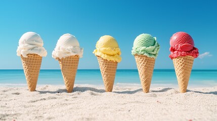Colorful ice cream cones on sandy beach under blue sky, summer concept

