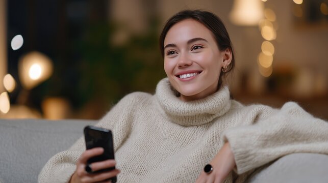 A relaxed woman enjoying the cozy atmosphere. smiling while holding her phone with cozy home background.