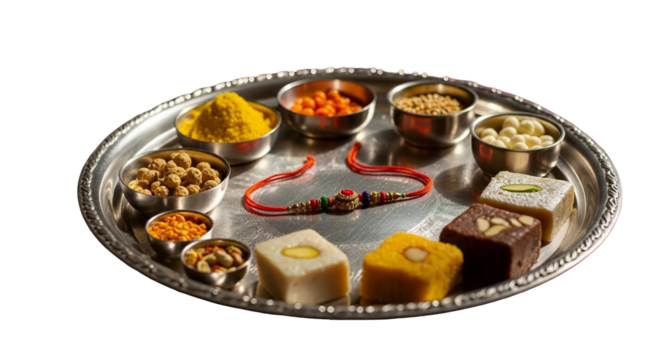 Traditional silver thali with sweets, rice, rolls, and colorful rakhis isolated on transparent background for design use