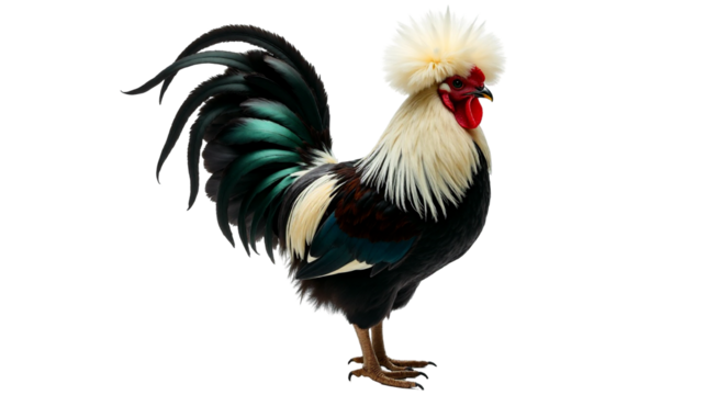Polish chicken with a fluffy white crest standing proudly against a transparent background