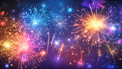 Obraz premium Fireworks with stars and sparks. Festival, event, colorful fireworks. Design of festive banner, poster, flyer and greeting card