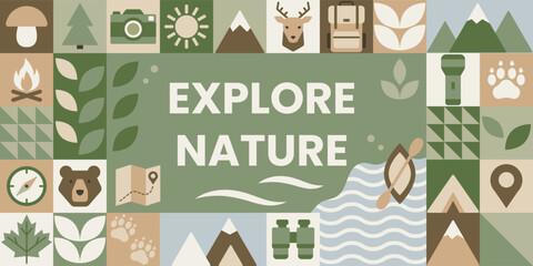 Flat vector illustration featuring outdoor and nature icons with Explore Nature text, ideal for travel or camping themes.
