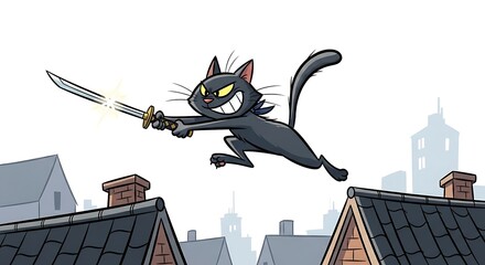 Cartoon ninja cat jumping with a sword over rooftops. Dynamic and action-filled character on white background.