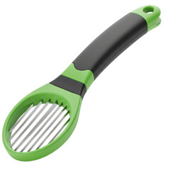 A brand-new 3-in-1 avocado slicer tool, green and black durable plastic with ergonomic handle, serrated blade, pit remover, and scooping teeth, isolated on a transparent seamless background with no