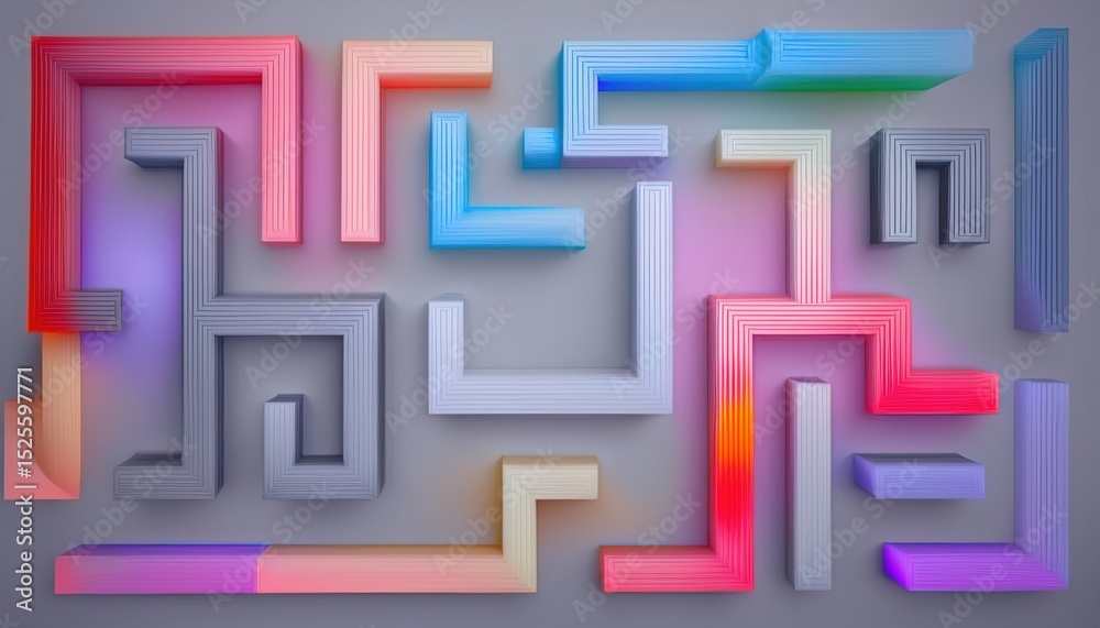 Poster colorful abstract maze pattern with 3d geometric blocks in neon pink blue and orange tones on light 