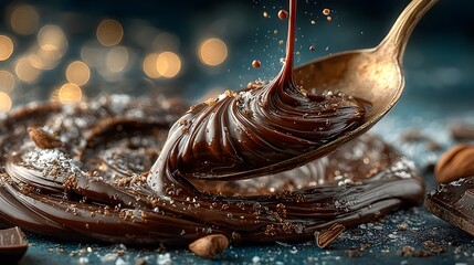 Fototapeta premium Melting Dark Chocolate Pouring onto Spoon with Bokeh Lights