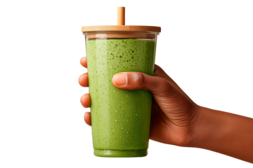 Hand holding green smoothie cup, bamboo lid, beige backdrop