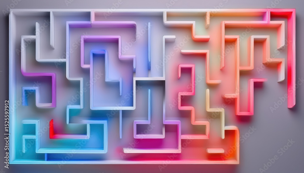 Poster colorful abstract maze pattern with 3d geometric blocks in neon pink blue and orange tones on light 
