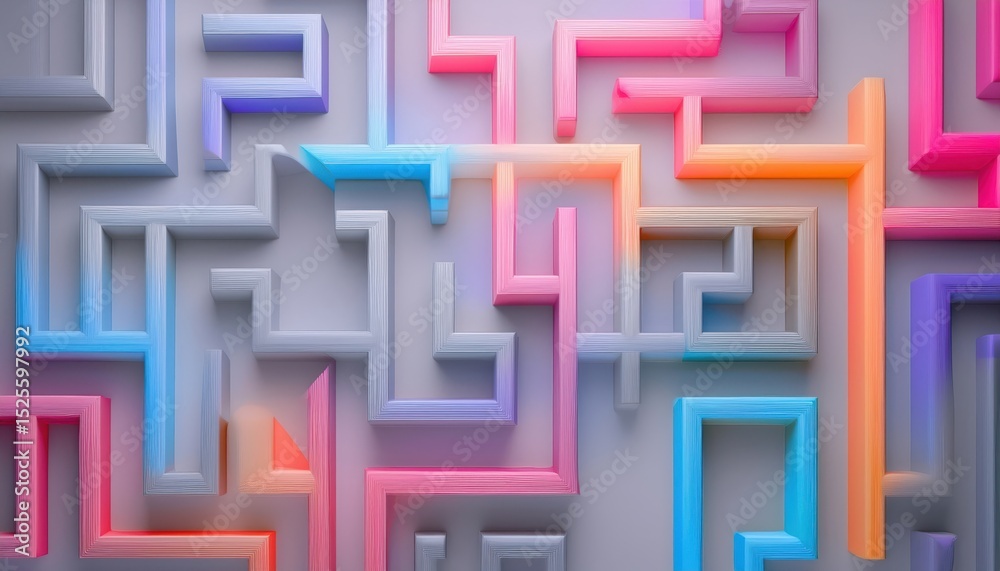 Poster colorful abstract maze pattern with 3d geometric blocks in neon pink blue and orange tones on light 