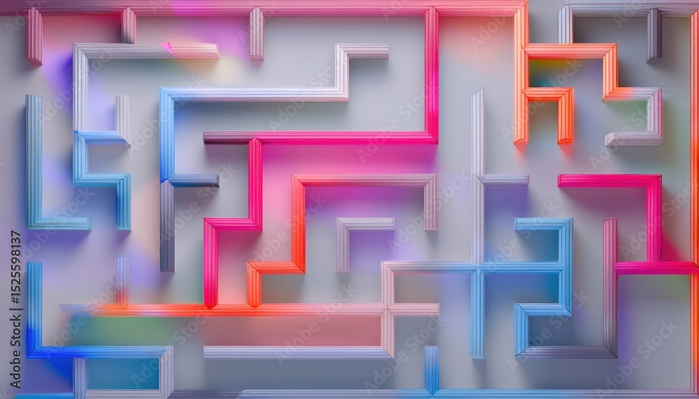 Poster colorful abstract maze pattern with 3d geometric blocks in neon pink blue and orange tones on light 