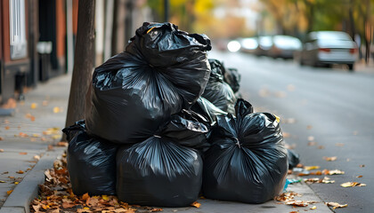 Fototapeta premium Black garbage bags piled on the sidewalk in an urban environment, contributing to pollution