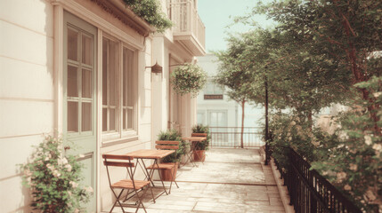 charming europeanstyle street caf featuring rustic wooden furniture empty table set for one surrounded by