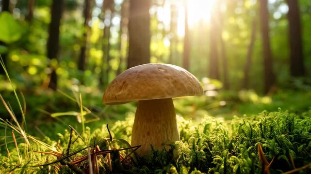 Mushroom growing on moss ground in the bright sunlight filtering through green forest foliage creates a natural background
