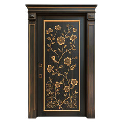 Traditional Thai Wooden Front Door with Intricate Gold Floral Design in Elegant Style for Architectural or Interior Design Use