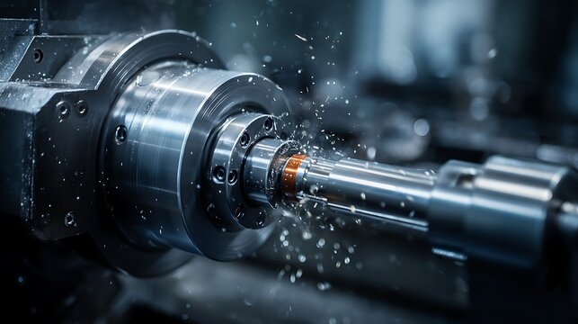 A close up of a metal lathe in operation with metal shavings flying off during the cutting process