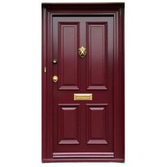 Elegant Victorian Front Door in Deep Burgundy Color with Gold Details, Perfect for Historic House or Classic Architecture Theme