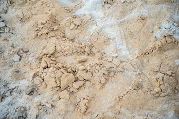 A close-up shot of textured sand, mixed with some small rocks and lighter material, fills the frame. The focus is on the details of the sands surface.