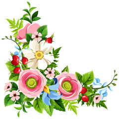 Wild flowers corner border. Pink, white, and blue flowers and green leaves. Floral corner design element isolated on a white background. Vector illustration