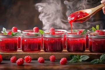 Minimalist photography showcasing raspberry jam being artfully spooned from a jar on a rustic wooden table