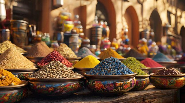 Vibrant Spice Market with Colorful Bowls of Spices
