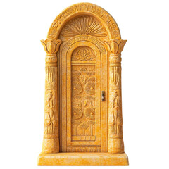 Single Egyptian Inspired Sandstone Door with Intricate Floral Carvings and Decorative Columns in Vibrant Yellow Color