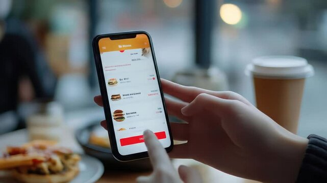 Ordering food online with mobile app for delivery or takeout burger and pizza fast food restaurant search