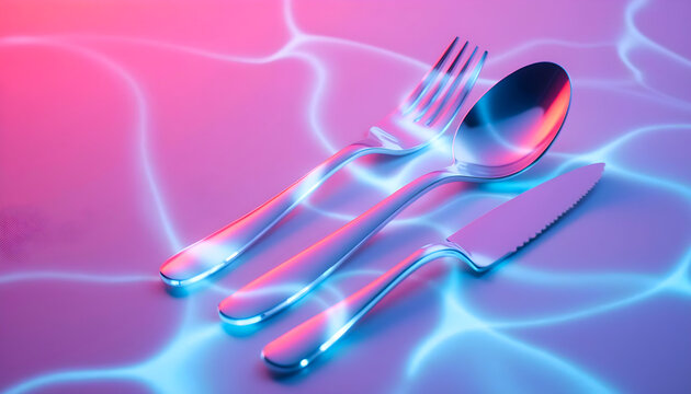 Metallic cutlery arranged on colorful water surface background  
