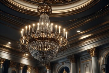 Obraz premium Elegant crystal chandelier illuminating ornate ballroom interior