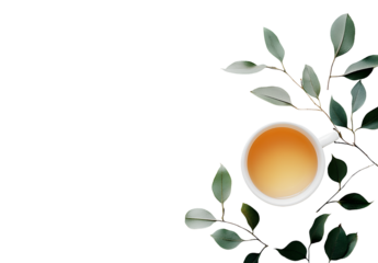  A cup of green tea with fresh leaves on the side, white background, high-resolution photography, stock photo, commercial