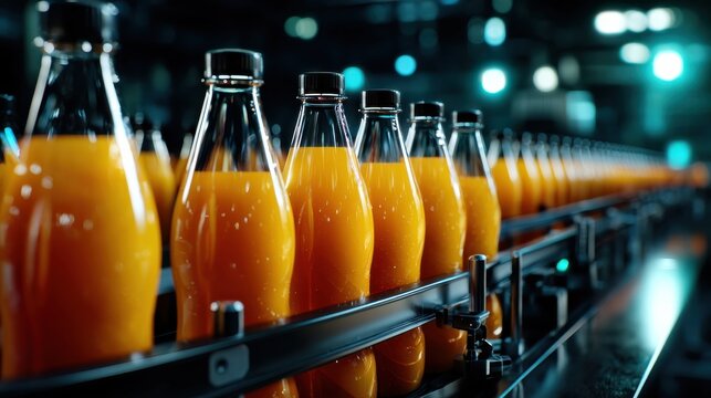 Orange juice bottling plant conveyor belt moving bottles of refreshing beverage