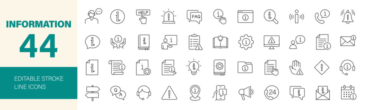 Information icon set. Containing info, help, inform, support, news, instruction, customer service, notice, manual, rule, guide, reference and more. Editable line icons. Vector illustration.