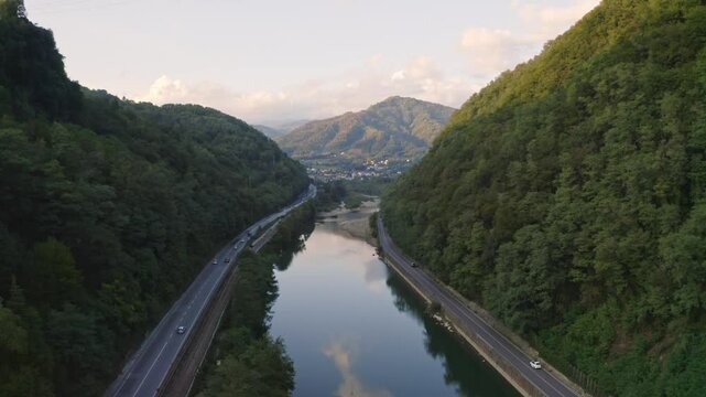 Aerial view of the Serchio river, near Borgo a Mozzano, in the Lucca province.