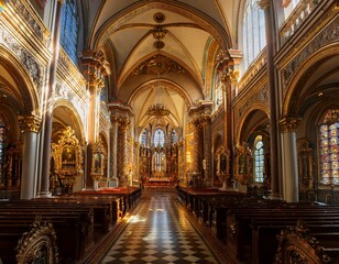 Fototapeta premium grand baroque cathedral with intricately carved columns golden accents and dramatic light streaming through stained glass windows lush details and ornate design
