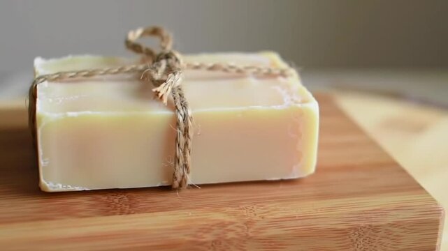A bar of soap tied with twine sits on a wooden surface in a close up shot with a neutral background