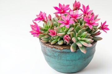 Obraz premium Pink blooming echeveria succulent in teal pot isolated on white background