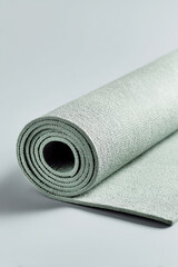 aesthetic composition of neatly folded pilates mat in soft mint green color centered against clean light gray