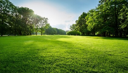 green grass in park with trees ground level view of lush lawn use in advertising