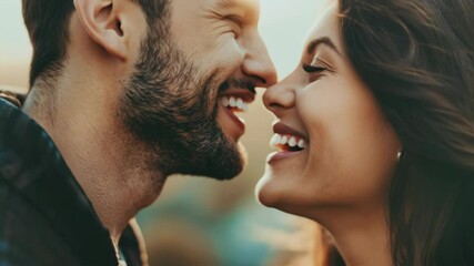 Candid Close-Up of Joyful Couple Smiling Together in Warm Sunlight for Lifestyle and Romance Themes - Powered by Adobe