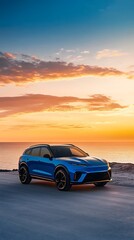 A blue suv parked near the ocean with a vibrant sunset and cloudy sky in the background at dusk hour