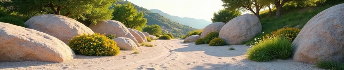 A serene landscape featuring a variety of sizes and colors of natural rock formations, creating a beautiful and textured scene Ideal for landscaping, garden, and nature projects , beige, nature