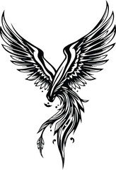 Fototapeta premium A stylized phoenix tattoo design with outstretched wings and a flowing tail, isolated on white background