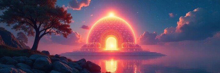 A majestic, ethereal dome glows with inner light, radiating spiritual energy and peaceful serenity Perfect for meditation, yoga, or spiritual themes , heaven, serenity, aura