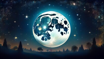 full moon shining brightly in a dark sky dotted with stars