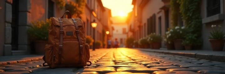 A lone backpack sits on a cobblestone street in a charming European village, bathed in the golden light of sunset Ready for adventure, the journey awaits , street, adventure travel