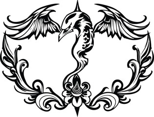 Obraz premium A stylized phoenix tattoo design with outstretched wings, surrounded by ornate floral elements, isolated on white background