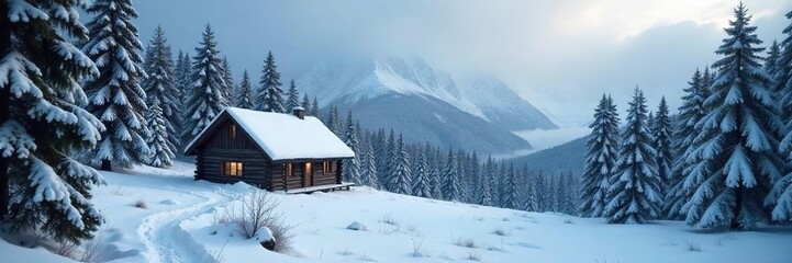 A solitary cabin nestled deep within a snow-covered forest, completely isolated from civilization; untouched wilderness, serene winter landscape , hill, rural