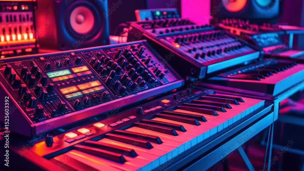 Poster a collection of electronic keyboards arranged neatly on a table
